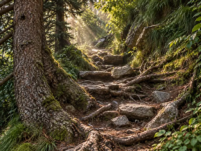 A forest path among roots and stones