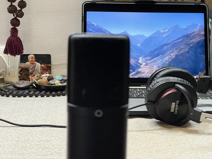 Microphone and headphones in the studio